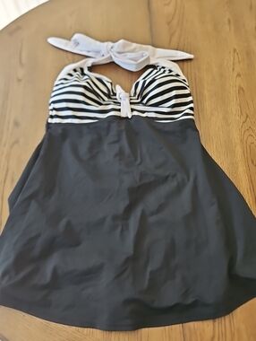 COCOSHIP Black and White Striped Halter Swimdress